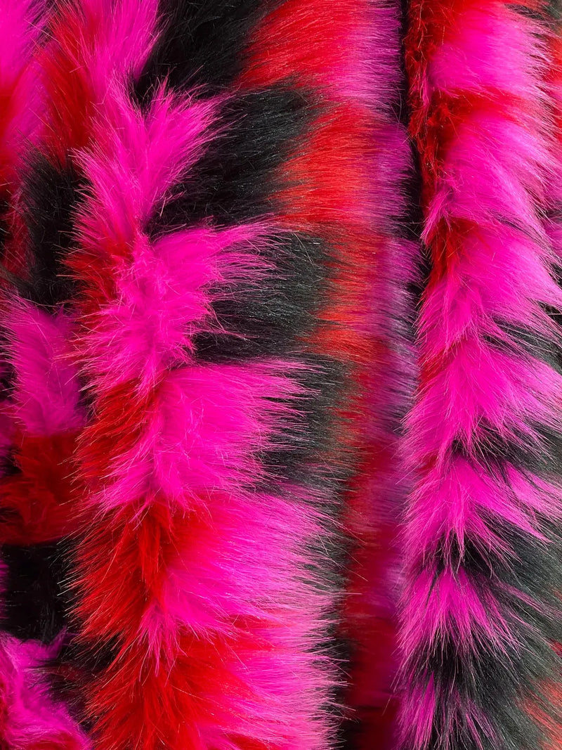 60" Zig Zag Faux Fur - Hot Pink / Black / Red -  Three Tone Print Soft Faux Fur Fabric By Yard