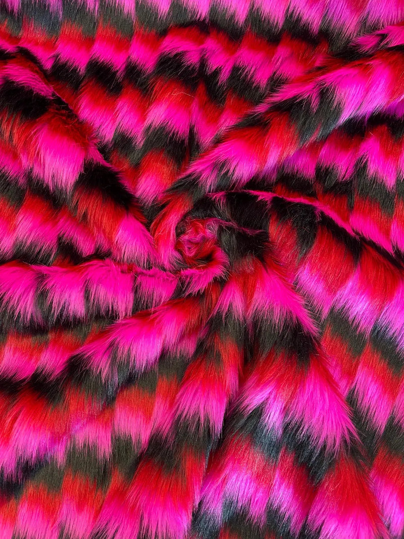 60" Zig Zag Faux Fur - Hot Pink / Black / Red -  Three Tone Print Soft Faux Fur Fabric By Yard