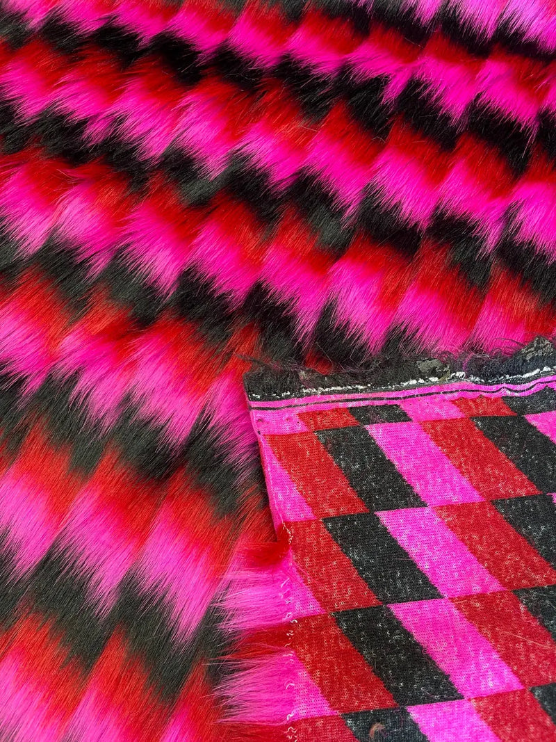 60" Zig Zag Faux Fur - Hot Pink / Black / Red -  Three Tone Print Soft Faux Fur Fabric By Yard