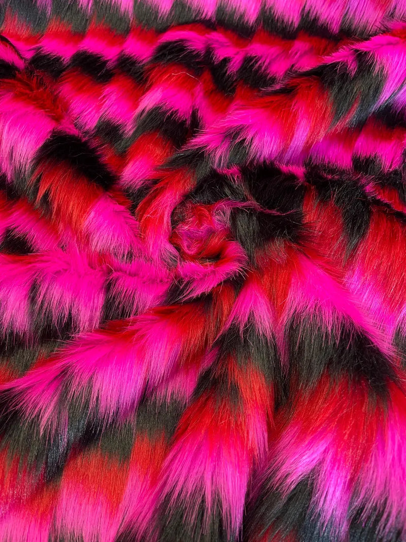 60" Zig Zag Faux Fur - Hot Pink / Black / Red -  Three Tone Print Soft Faux Fur Fabric By Yard