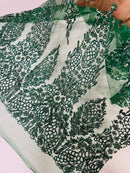 Fancy Rhinestone Glitter Fabric - Hunter Green - Embroidered Damask Design Glitter Mesh Fabric by Yard