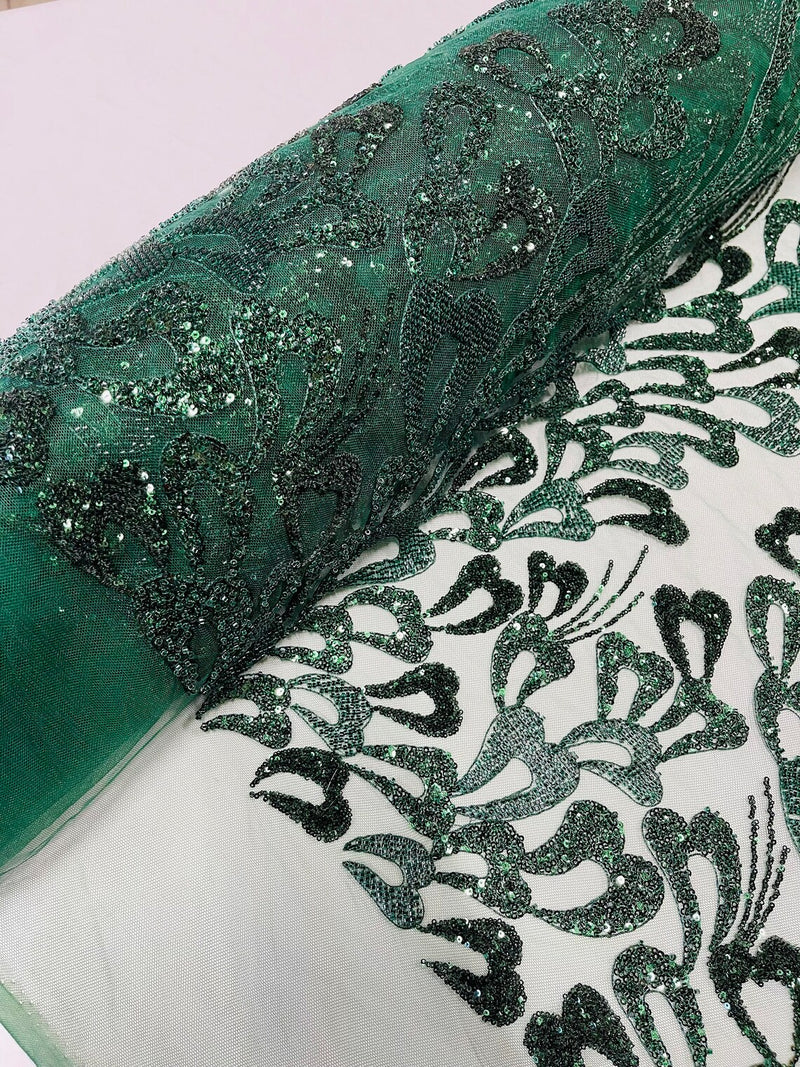 Wavy Lines Leaf Bead Fabric - Hunter Green - Embroidered Leaf Beaded Mesh By Yard