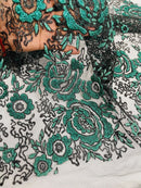 3D Chunky Glitter Rose Fabric - Hunter Green -  Flower Glitter Design on Tulle Fabric Sold by Yard