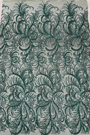 Palm Leaf Design Glitter Fabric - Hunter Green - Tulle Glitter Mesh Line Design Fabric Sold By Yard
