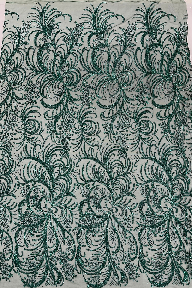 Palm Leaf Design Glitter Fabric - Hunter Green - Tulle Glitter Mesh Line Design Fabric Sold By Yard