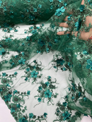 3D Flower Pearl Design - Hunter Green - Embroidered Sequins Floral Clusters Lace Fabric By Yard