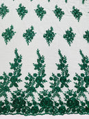 Rose Beaded Sequin Fabric - Hunter Green - Embroidered Floral Pattern with Beads and Sequins By Yard