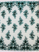 3D Rhinestone Flower Fabric - Hunter Green - 3D Flower Beaded Clusters with Sequins and Rhinestones By Yard