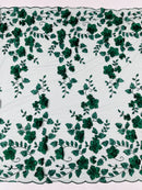 Floral 3D Pearl Fabric - Hunter Green - Embroidered Double Border Flower Design Pearl Fabric By Yard