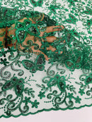 Butterfly Floral Lace Fabric - Hunter Green - Butterfly Flower Metallic Design on Lace Fabric By Yard