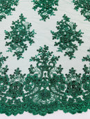 Isabela Design - Hunter Green - Embroidery Beaded Fabric With Sequin on a Mesh Fabric by the yard
