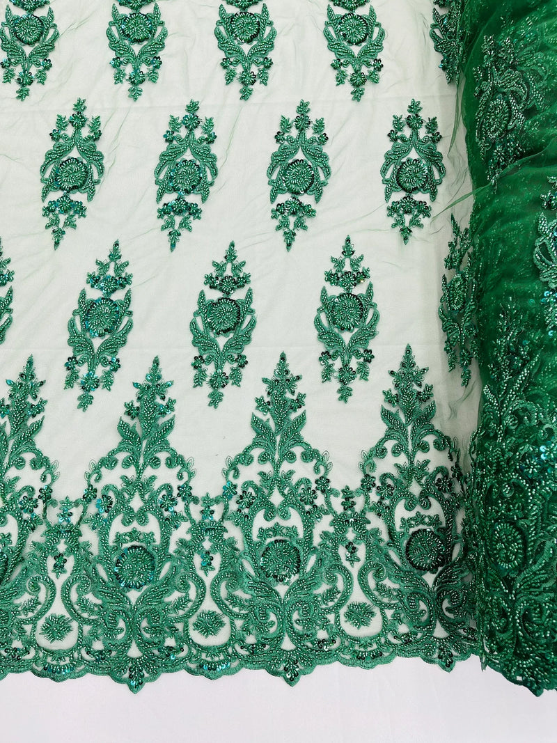 Embroidered Bead Fabric - Hunter Green - Floral Damask Bead Bridal Lace Fabric by the yard