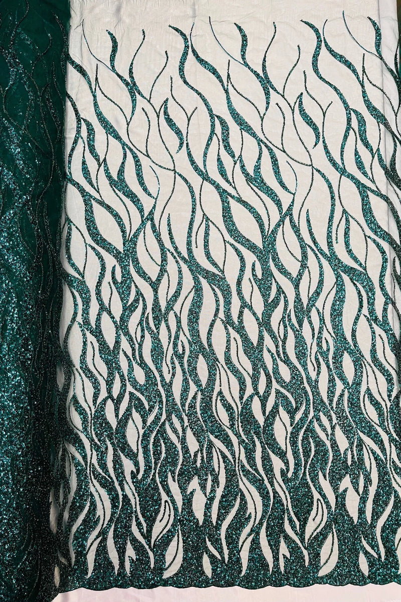 Flaming Fire Design Bead Fabric - Hunter Green - Beaded Embroidered Fabric By Yard