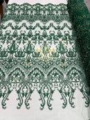 Damask Beaded Glam Fabric - Hunter Green - Embroidery Beaded Fabric with Round Beads Sold By The Yard