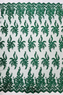Braid Leaf Designs Lace Fabric - Hunter Green - Embroidered Floral Leaf Pattern on Lace Mesh Fabric By Yard