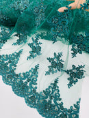 Floral Damask Bead Fabric - Hunter Green - Embroidered Floral Clusters with Beads / Sequins by Yard