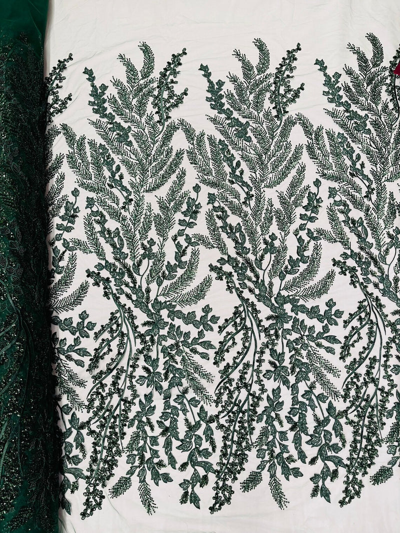 Leaf Pattern Sequins Fabric - Hunter Green - Natural Leaf Beads and Sequins Lace Fabric by the yard