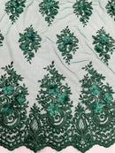 3D Floral Fabric with Pearls - Hunter Green - Embroidered Flower and Leaf Patterns on Lace Fabric by Yard