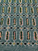 Geometric Stretch Sequin - Hunter Green - Fancy Gem Design on Mesh By Yard