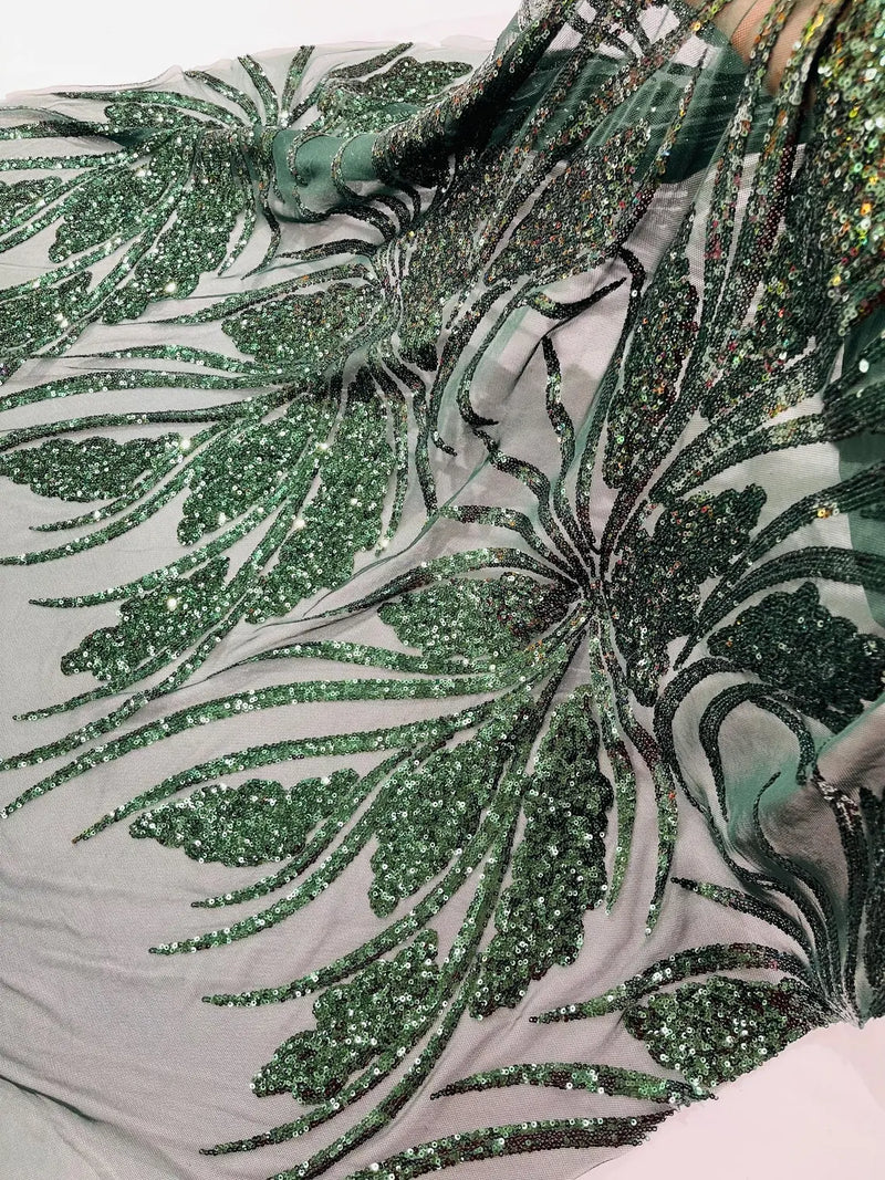 Wavy Leaf Design Fabric - Hunter Green - 4 Way Stretch Sequins Lace Mesh Leaf Design Fabric by Yard