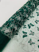 3D Butterfly Sequins Bead Fabric - Hunter Green - Sequins Embroidered Beaded Fabric By Yard