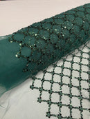 Diamond Net Bead Fabric - Hunter Green - Geometric Embroidery Beaded Sequins Fabric Sold By The Yard