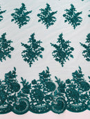 Flower Lace Sequins Fabric - Hunter Green - Embroidered Floral Pattern Fabric with Sequins on Lace By Yard