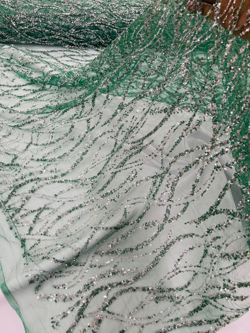 Beaded Wavy Fabric Design - Hunter Green - Bead and Sequins Wavy Lace Fabric By Yard