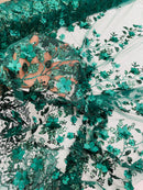 3D Glitter Floral Fabric - Hunter Green - Glitter Sequin Flower Design on Lace Mesh Fabric by Yard