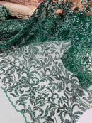 Floral Leaf Bead Fabric - Hunter Green - Leaf Design Shiny Beads and Sequins on Lace Mesh by Yard
