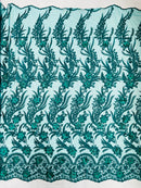 3D Floral Leaf Line Panels - Hunter Green - 3D Embroidered Flower Lines with Pearls on Lace By Yard