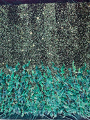 Feather Sequin Velvet Fabric - Hunter Green - 5mm Sequins Velvet 2 Way Stretch 58/60" Fabric By Yard