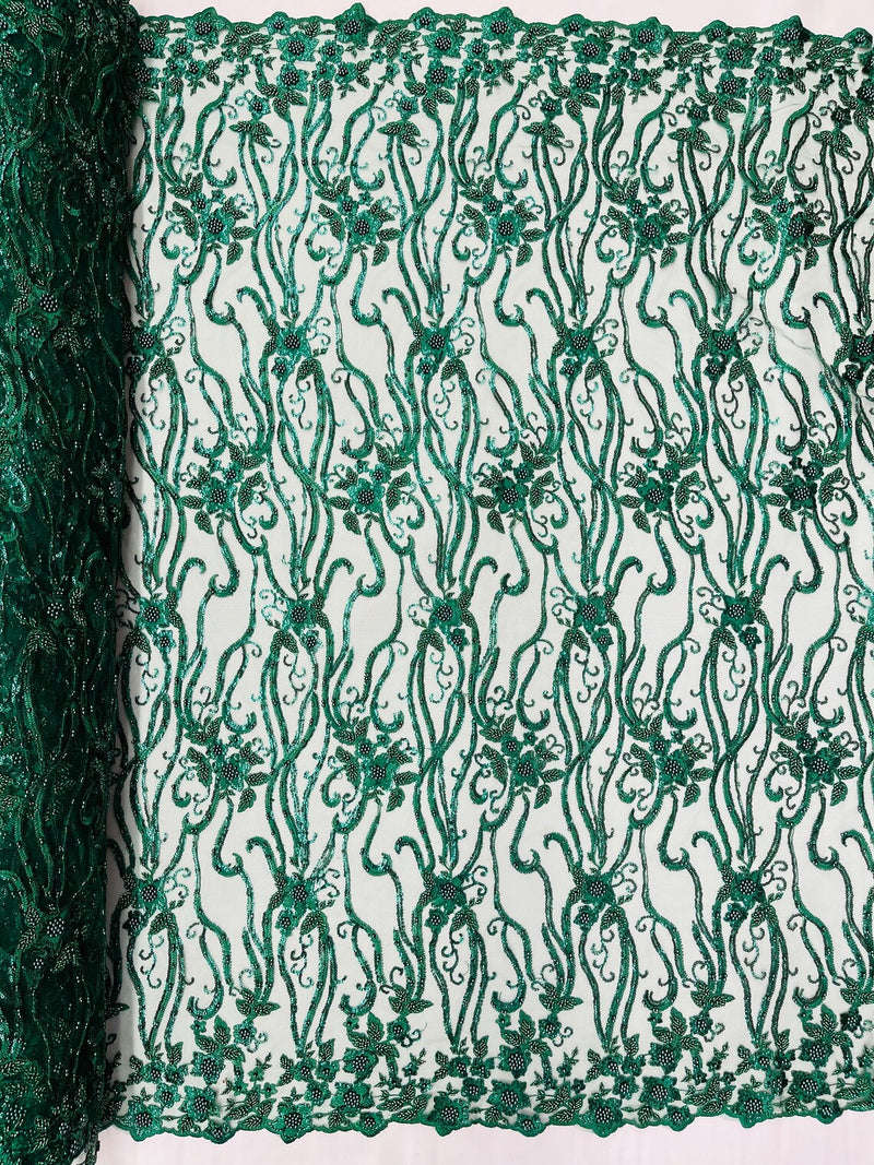 Flower Lines Bead Fabric - Hunter Green - Beaded Flower Fabric with Curled Long Lines Pattern By Yard