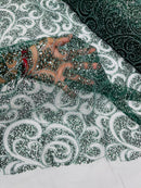 Swirl Design Bead Fabric - Hunter Green - Beaded Swirl Design with Sequins on Mesh Lace by Yard