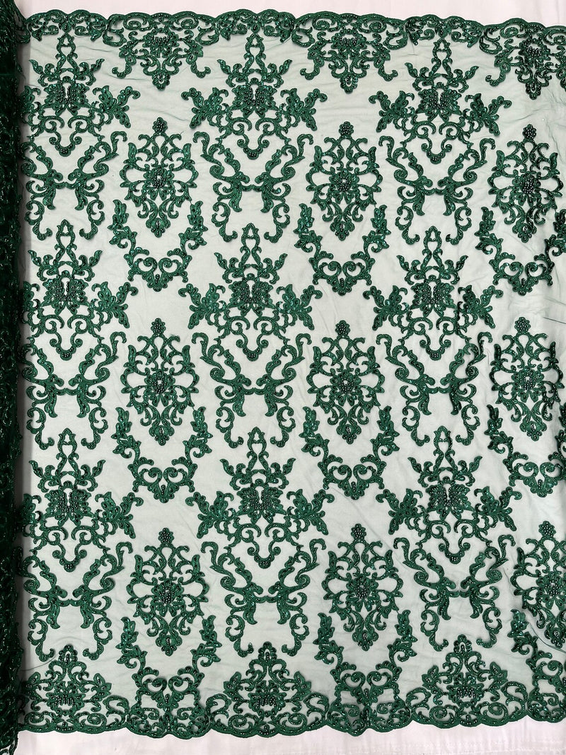 Beaded Butterfly Pattern Fabric - Hunter Green - Damask Fancy Bead Sequins Fabric Sold by Yard