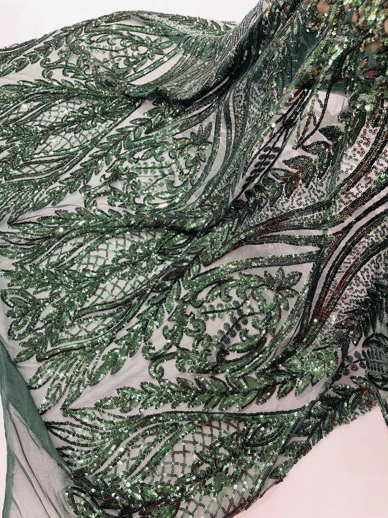 Mermaid Design Fabric - Hunter Green - 4 Way Stretch Sequins Fabric on Lace Mesh Sold By Yard