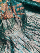 Wavy Leaf Lines Fabric - Hunter Green - Beaded Sequins Leaf Pattern Embroidered On Mesh By Yard