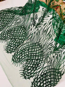 Beaded Embroidered Fabric - Hunter Green - Embroidered Heart and Feather Pattern Fabric Sold By Yard