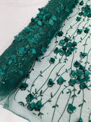 3D Floral Glitter Fabric - Hunter Green - 3D Sequins and Glitter Floral Design on Mesh Sold By Yard