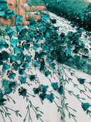 3D Glitter Floral Fabric - Hunter Green - Floral Line Glitter Designs on Mesh Fabric Sold By Yard