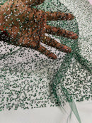 Rhinestone Glitter Mesh Fabric - Hunter Green - Shiny Glitter Mesh Rhinestone Detail Fabric by Yard