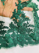 Flower 3D Corded Fabric - Hunter Green - Lace Mesh Fabric Embroidered Floral Design by Yard