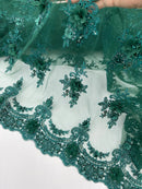 3D Floral Sequins Design - Hunter Green - Embroidered Floral Lace Fabric With Sequins / Pearls By Yard