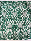 Leaf Damask Bead Fabric - Hunter Green - Embroidered Sequins Heavy Beaded Lace Fabric by Yard