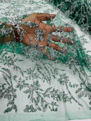 Floral Silver Bead Fabric - Hunter Green - Beaded Flower Design with Sequins on Lace Mesh by Yard