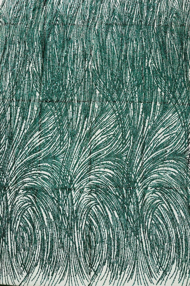 Glitter Lines on Tulle Lace Fabric - Hunter Green - Tulle Glitter Mesh Line Design Fabric Sold By Yard