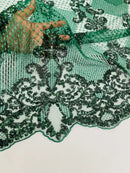 King Damask Lace Fabric - Hunter Green - Corded Embroidery with Sequins on Mesh Lace Fabric By Yard