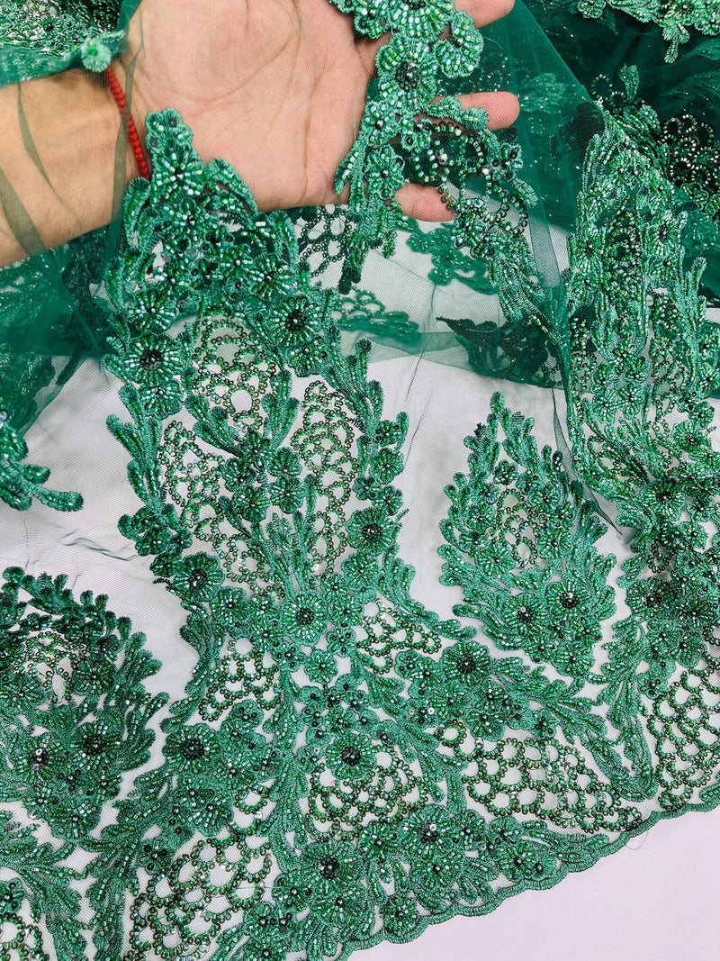 Beaded Floral Fabric - Hunter Green - Luxury Bridal Floral Pattern Fabric With Beads, Sequins Sold By Yard