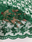 Metallic Floral Butterfly Fabric - Hunter Green - Embroidered Floral Butterfly Design Mesh Fabric by Yard