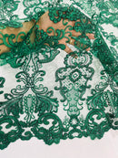 King Lace Design Fabric - Hunter Green - King Design with Sequins Embroidered On Mesh By Yard